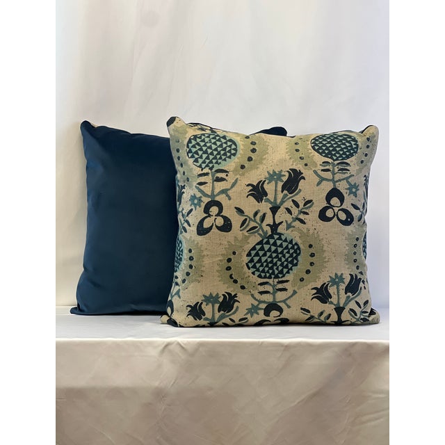 Modern Botanical Pomegranate Linen Feather/Down Pillows- A Pair For Sale - Image 3 of 5