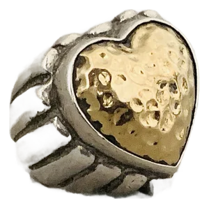 Vintage Early Dian Malouf Heart Ring, 14k Gold Hammered Domed Heart With Sterling Silver Bezel and Channel Detail Down the Tapered Band