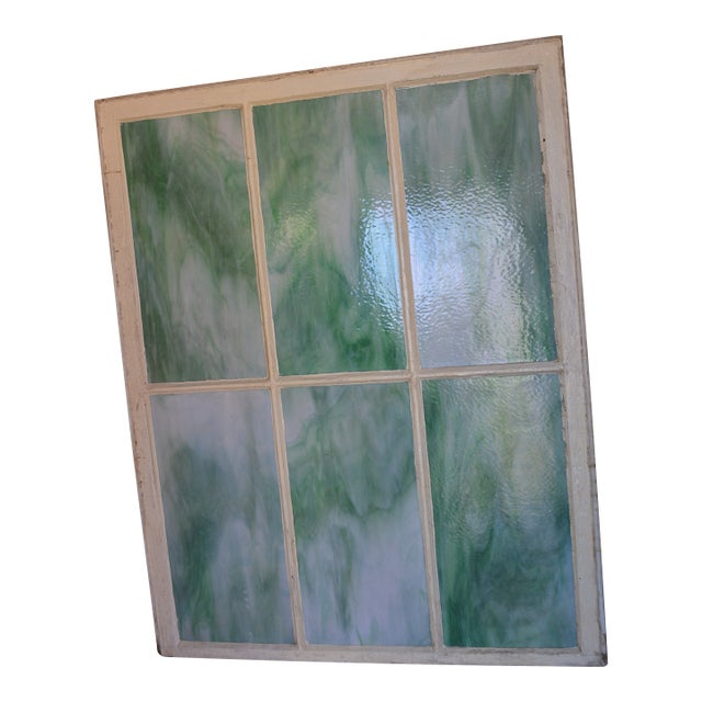 Vintage Large Green Blue & White Slag Glass 6 Pane Window Panel From Va Church For Sale