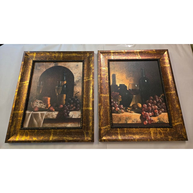 Beautiful Pair, Loren Speck, Vintage Italian-Style Framed Still-Life Art Prints Titled Wine Bottle & a Date to Remember....