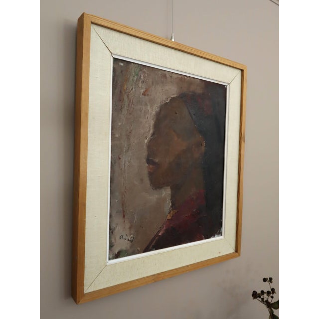 Mid-Century Modern 'Profile in Burgundy' Vintage Original Swedish Figurative Portrait Oil Painting, Framed For Sale - Image 4 of 11