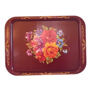 Vintage Red Metal Tole Tray For Sale