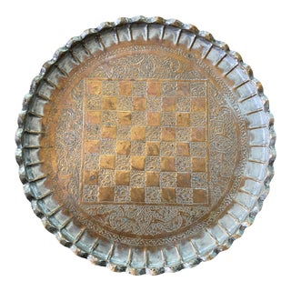 Antique Handmade Middle Eastern Tinned Copper Chessboard Serving Tray For Sale