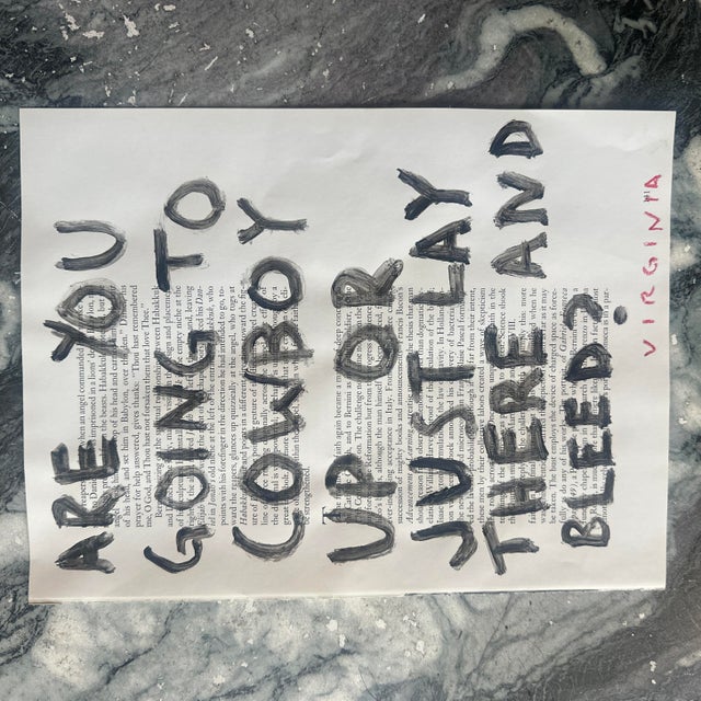 Are You Going to Cowboy Up Or Just Lay There and Bleed painting by Virginia Chamlee. One of one. Paint on vintage art book...