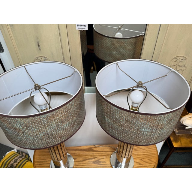 Brown Chromed Cork Table Lamps, Pair For Sale - Image 8 of 12