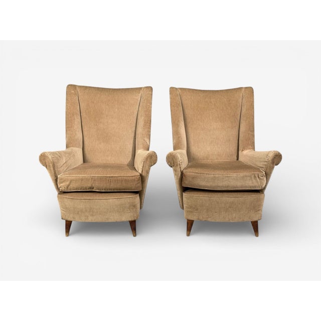 Mid-Century Modern Paolo Buffa Style, Wingback Lounge Chairs, Fabric, Wood, Italy, 1950s For Sale - Image 3 of 11