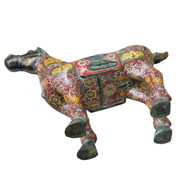 Metal Vintage Oriental Chinese Reddish Maroon Cloisonne Metal Horse Figure A For Sale - Image 7 of 16