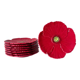 Late 20th Century Red Poppy Flower Hand Painted Salad Dessert Plates Set: 8 Piece For Sale