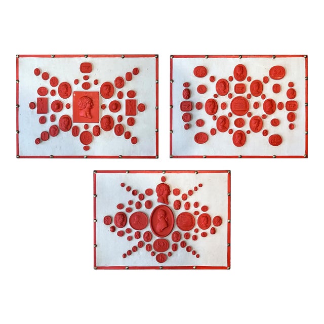 Set of Three Grand Tour Neoclassical Vintage Red Plaster Cast Waxed Intaglio Arrangements For Sale