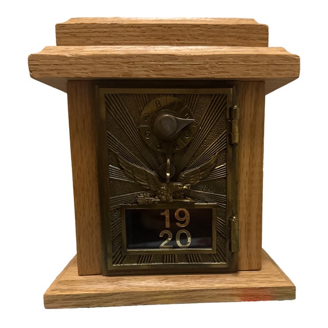Antique Post Office Box Door Bank – Vintage Cast Bronze Eagle Door in Oak Case For Sale