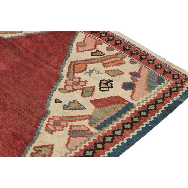 Antique Bidjar Kilim in Red With Blue and Beige Tribal Medallions, Pink Accents For Sale In New York - Image 6 of 8