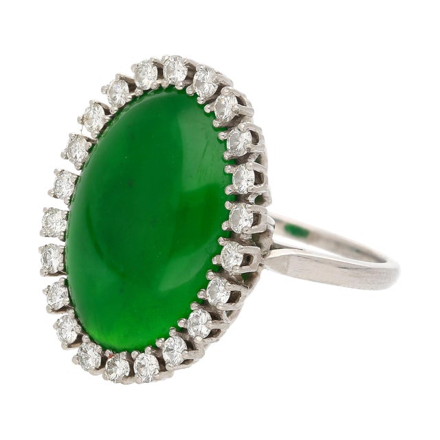 Metal Antique Jadeite Jade & Diamond Halo Platinum 900 Statement Ring, Size 6 For Sale - Image 7 of 8