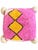 Moroccan floor pouf made from an abstract midcentury rug handwoven in ivory , yellow, camellia pink and black wool....