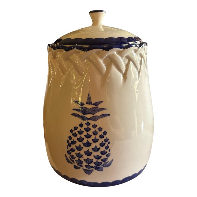 Vintage Portuguese Blue and White Pineapple Ceramic Cookie Jar by Neuwirth For Sale