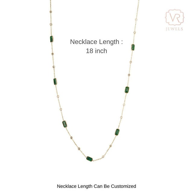 Minimalist 14k Yellow Gold 1.99ct Emerald & Diamond Station Chain Vintage Necklace For Sale - Image 10 of 16