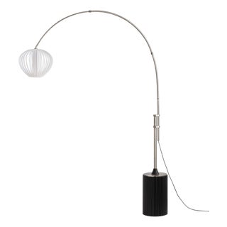 Tambo Arc Floor Lamp - Satin Nickel, Sphere White Shade, Black Oak Wood Base, Dimmable For Sale