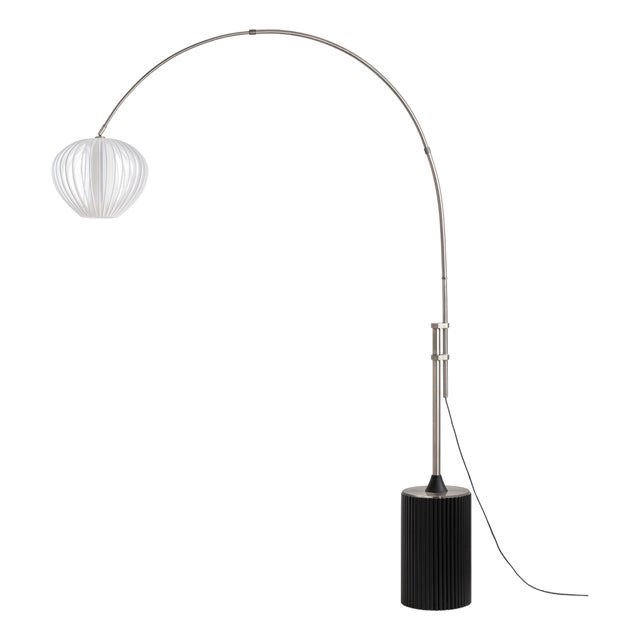 Tambo Arc Floor Lamp - Satin Nickel, Sphere White Shade, Black Oak Wood Base, Dimmable For Sale
