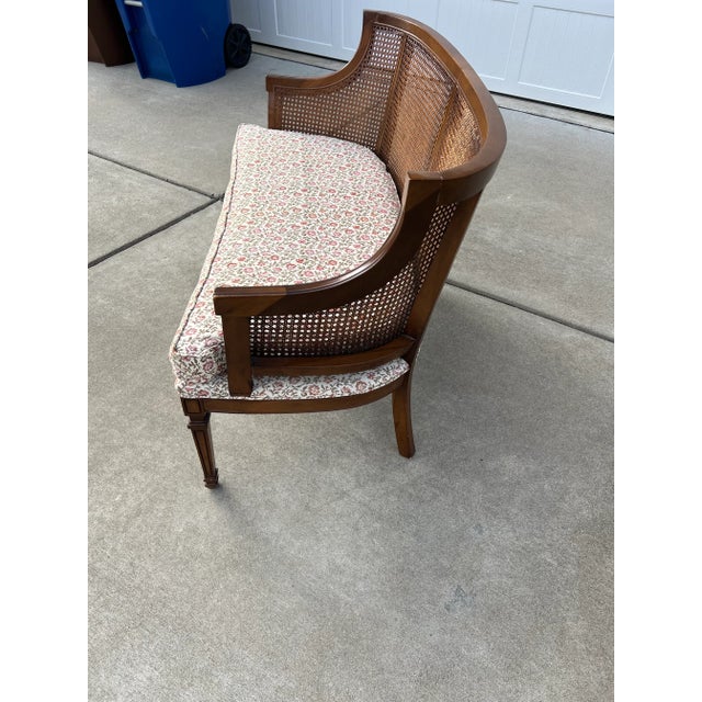 Traditional Vintage Caned Barrel Back Single Cushion Loveseat Upholstered in a Red Flower Print With Squared Tapered Legs For Sale - Image 3 of 12