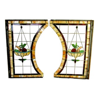 Pair Antique 19th-Century Art Nouveau Arced Framed Leaded Stained Glass Windows For Sale