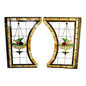 Pair Antique 19th-Century Art Nouveau Arced Framed Leaded Stained Glass Windows