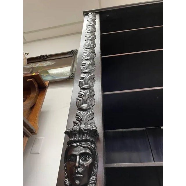 Refinished Antique Walnut Display Cabinet, Burl Inlay, Hand Carved + Blown Glass For Sale - Image 9 of 11