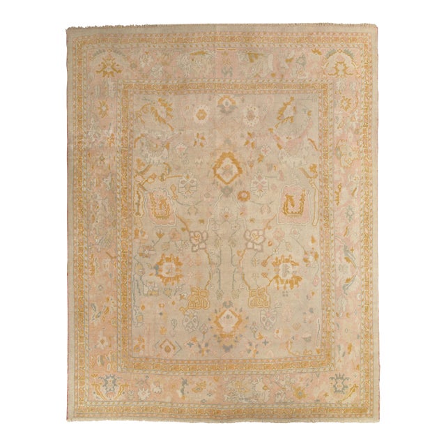 Antique Oushak Carpet, Handmade Turkish Oriental Rug, Beige, Taupe, Soft Shrimp For Sale