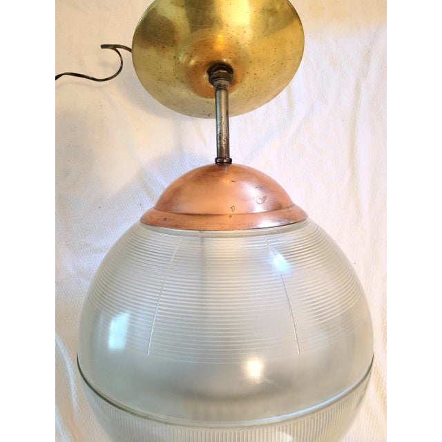 Brass Vintage French Industrial Holophane Globe Pendant For Sale - Image 8 of 11