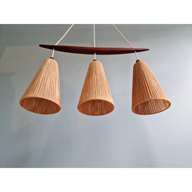 Brown Mid-Century Teak and Sisal Rope Chandelier from Temde, 1960s For Sale - Image 8 of 18