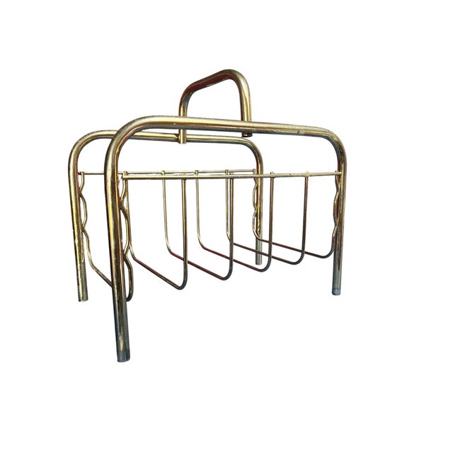 Mid-Century Modern Vintage Brass Magazine Rack | Hollywood Regency Tubular Metal Newspaper Holder For Sale - Image 3 of 7