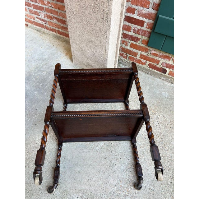 Antique English Barley Twist Tea Trolley Bar Cart Table Tiger Oak Dumbwaiter For Sale - Image 12 of 18