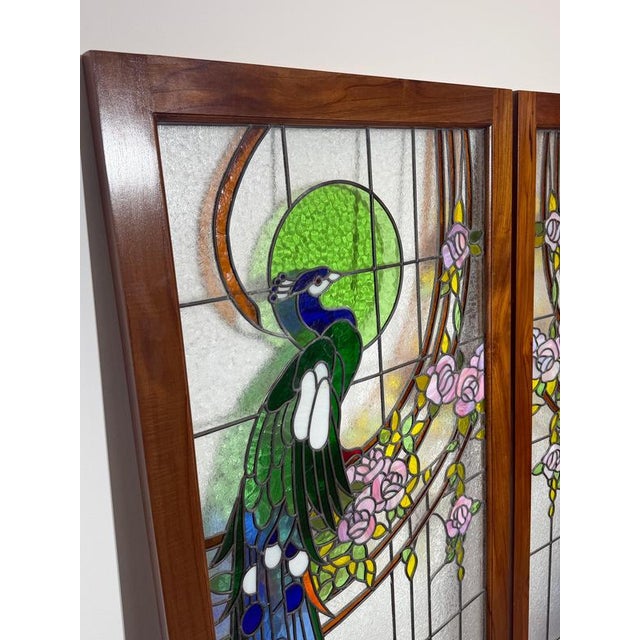 Vintage Stained Glass Peacock Window Panel For Sale - Image 4 of 6