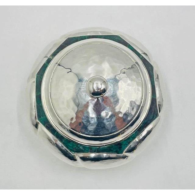 Silver 1960s Los Castillo Taxco Malachite Inlay Covered Bowl Mexican Silversmithing For Sale - Image 8 of 18