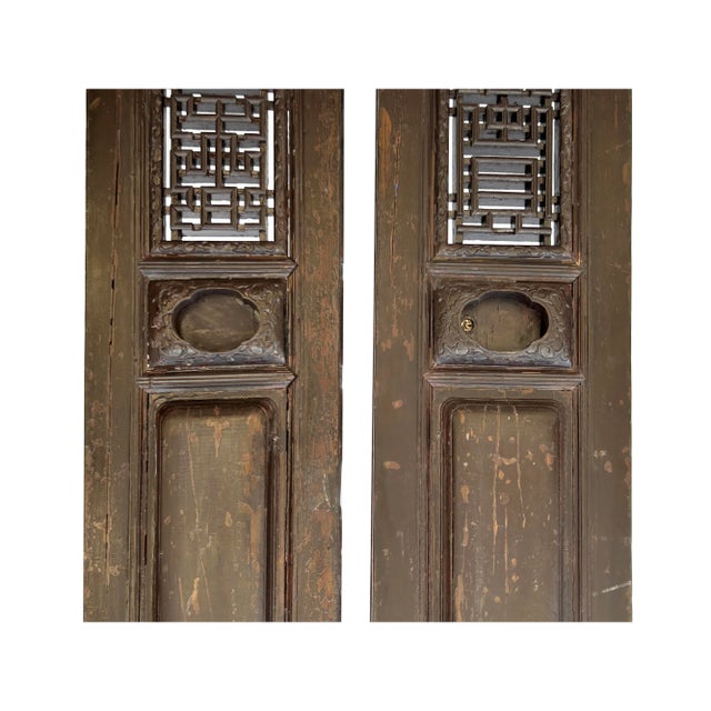 Brown Pair Vintage Chinese Brown Fujian Style Carving Wood Wall Door Panels For Sale - Image 8 of 12