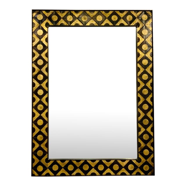 Global View Modern Black and Gold Metal Marquetry Wall Mirror For Sale