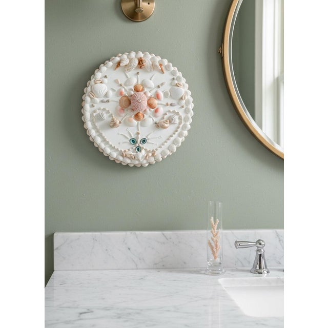 Hollywood Regency Coastal Wall Panel on Antique White Background, Shell Panel for Wall, Beach Home Wall Art, 12.5” Round Panel For Sale - Image 3 of 11