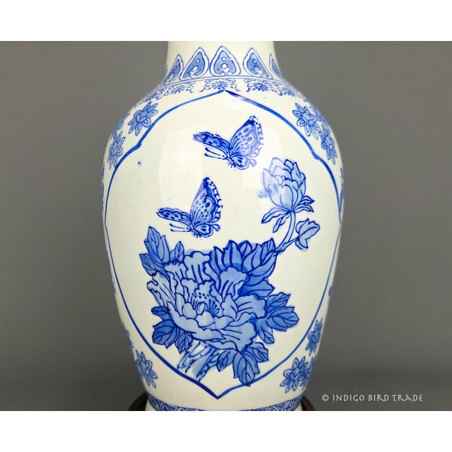 Ceramic Vintage Blue and White Chinoiserie Porcelain Vase Lamp With Birds Flowers and Butterflies For Sale - Image 7 of 12