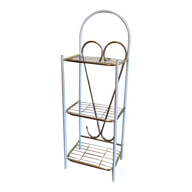 Vintage White & Gold Metal Three-Tier Heart Scroll Plant Stand For Sale
