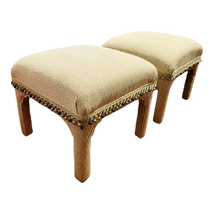 Vintage Greek Key Upholstered Square Billy Baldwin Style Ottoman Benches With Blue Brown Ball Trim- a Pair