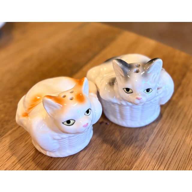 1990s Trompe-l'Oeil Ceramic Cats in Baskets Salt and Pepper Shakers - a Pair For Sale - Image 10 of 12