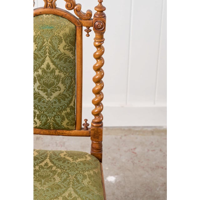 Late 19th Century Victorian Walnut Barley Twist Chair With Green Damask Upholstery For Sale - Image 10 of 10