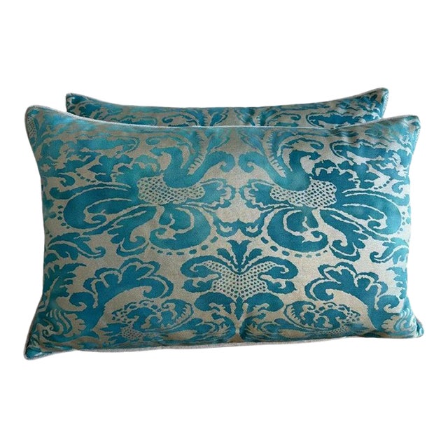 Pair of Fortuny Patterned Pillows With Solid Chenille Backs by Melissa Levinson For Sale