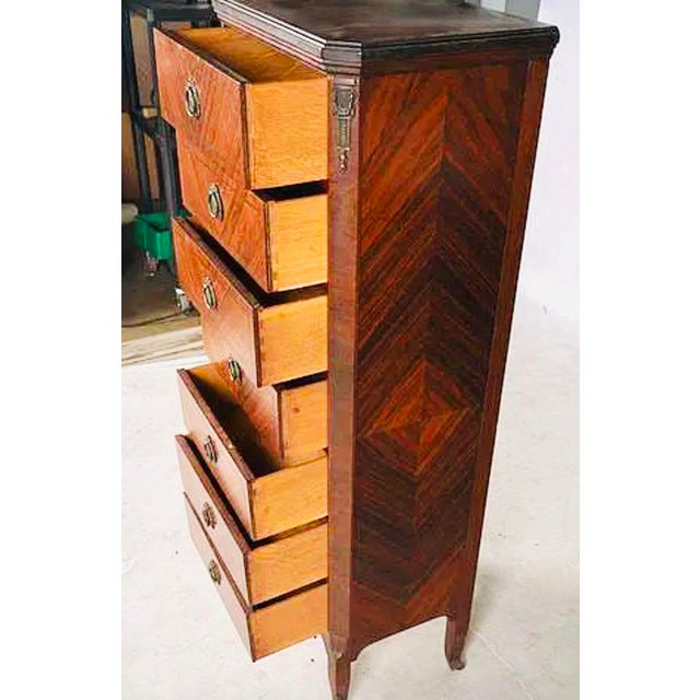 French Provincial 1900-1909 Petite French Louis XVI Parquetry Seven-Drawer Semainier With Marble Top For Sale - Image 3 of 7