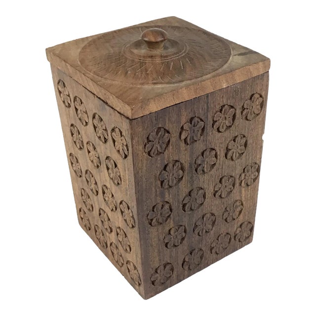1920s Solid Heavy Wood Carved Covered Box For Sale