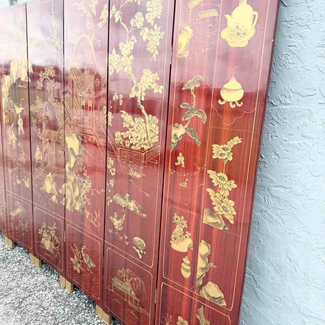 Chinese Six-Panel Red and Gold Lacquered Folding Screen/Room Divider For Sale - Image 4 of 12