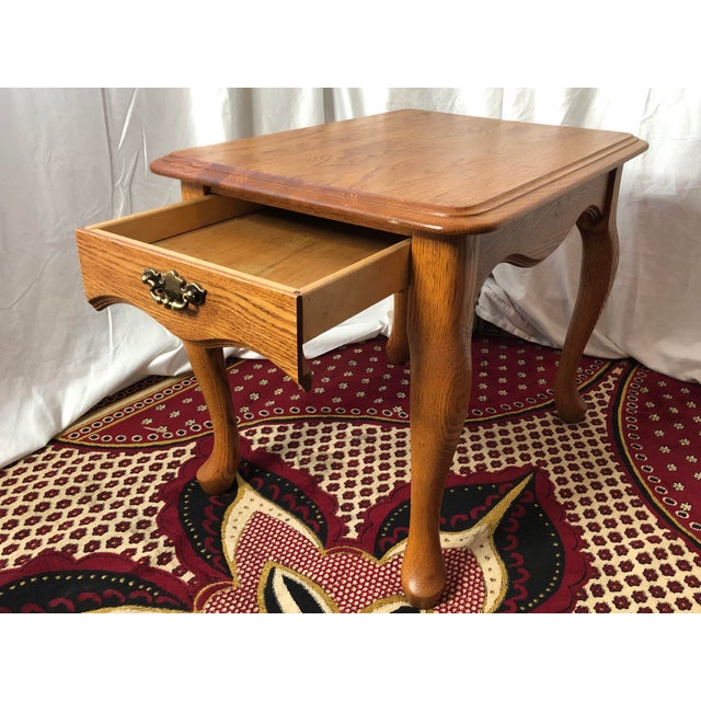 Brass Vintage Colonial Revival Solid Oak End Table With Queen Anne Legs For Sale - Image 8 of 12