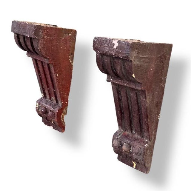 Brick Red A Pair of Antique 19th Century Carved Wooden Corbels With Fluted and Acanthus Leaf Details. For Sale - Image 8 of 8