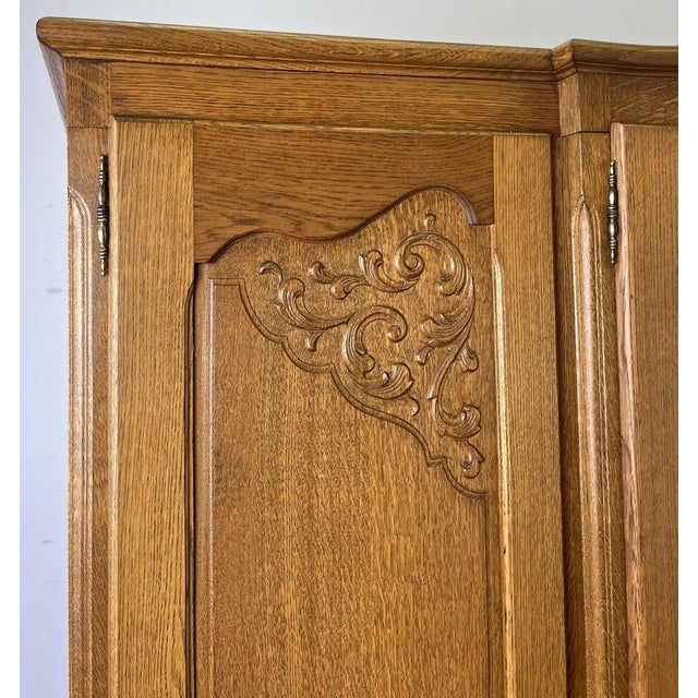 Vintage French Louis XVI Oak Four Door Carved Armoire For Sale - Image 3 of 12