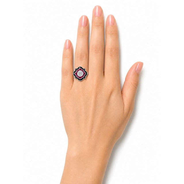 Art Deco 1920s 18K White Gold Onyx Ruby Diamond Art Deco Handmade Engagement Ring, Size 6.5 For Sale - Image 3 of 3