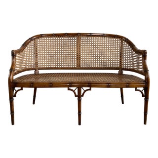 Vintage Faux Bamboo Caned Chippendale Style Bench For Sale