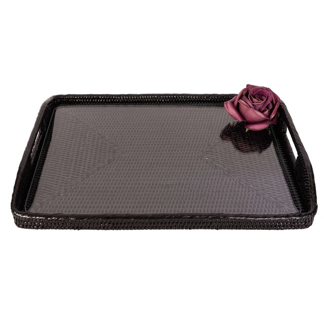 Boho Chic Artifacts Rattan 14-Inch Rectangular Tray with Glass Insert For Sale - Image 3 of 3